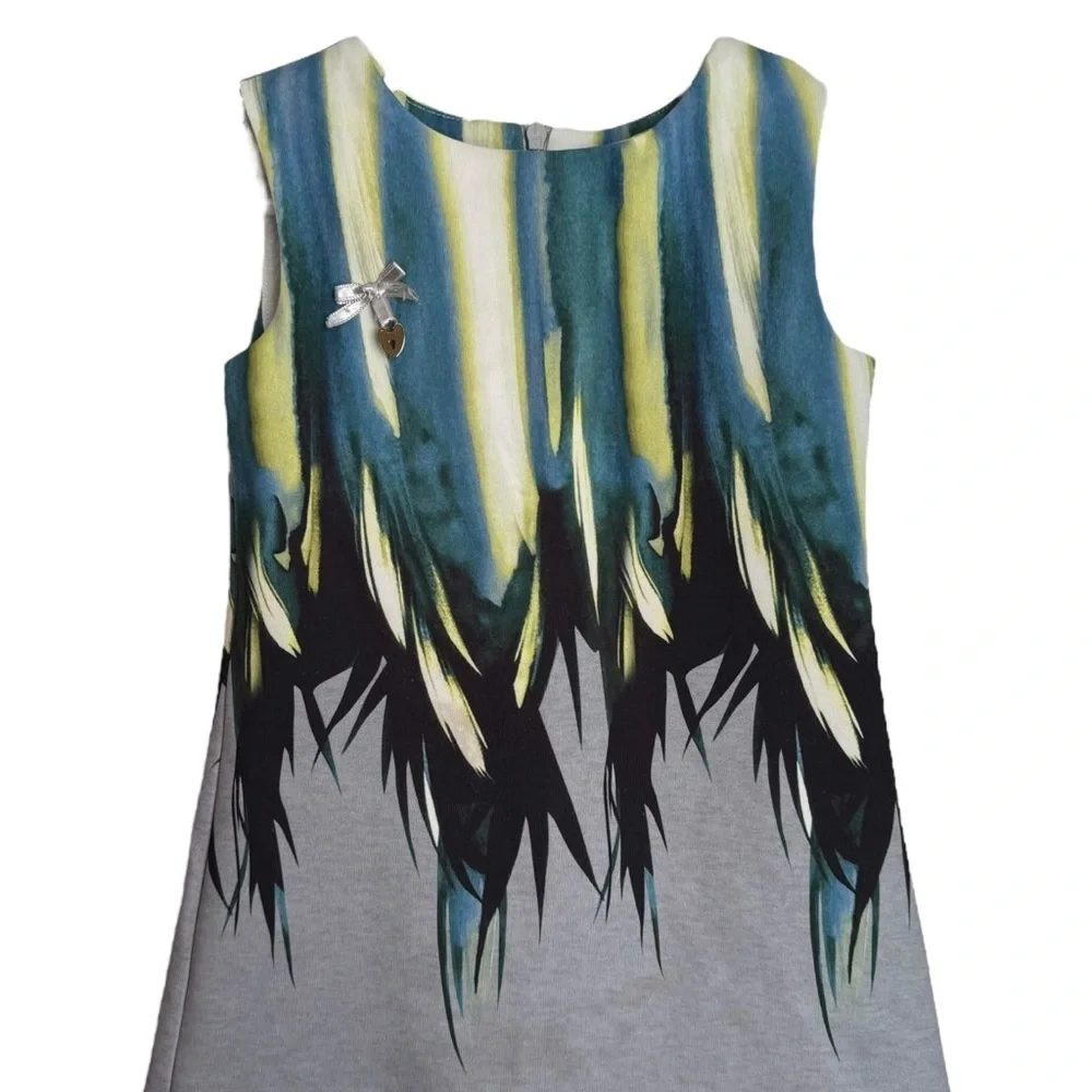 Carlucci Kids Sleeveless Feather Print Dress Girl Size 3T Gray Blue Formal Lined